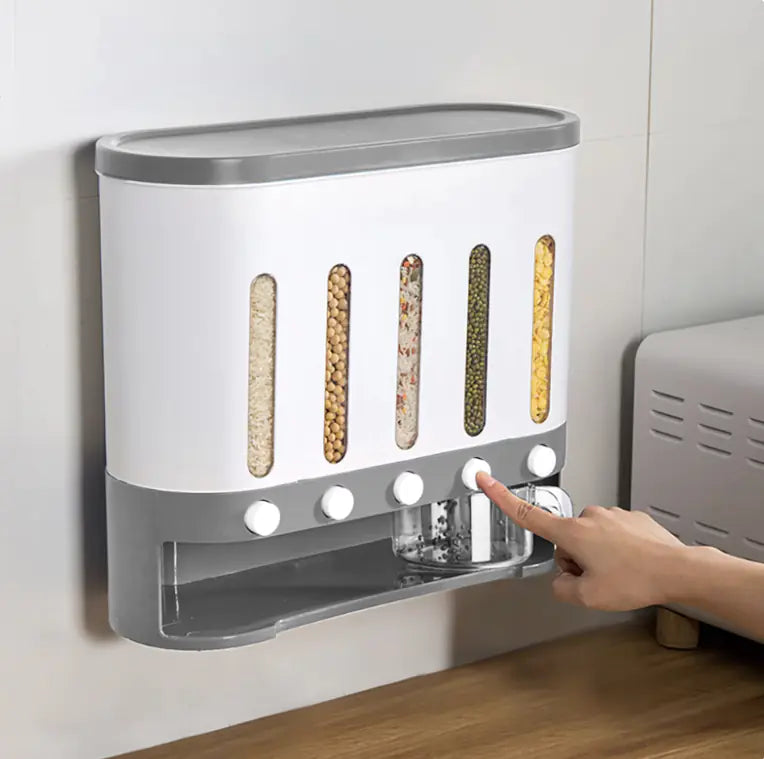 Space-saving wall pantry dispenser for dry grains